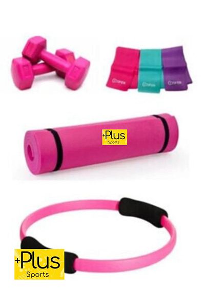 PLUSSPORT 4 Piece Pilates Set Mat + Band + Weights + Hoop