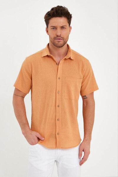 Rizz up Men's Orange Single Pocket Crinkle Fabric Lycra Short Sleeve Shirt 24...