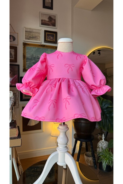 Anne Kız Tasarım Pembe fiyonklu elbise