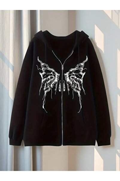 LAND MODA Hanorac cu glugă cu imprimeu cu fluturi grunge și buzunar cangur, h...