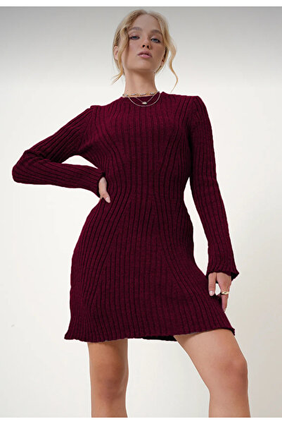 LUSHİGO Kadın Bordo Bisiklet yaka Kloş Mini Fitilli Kışlık Triko Elbise