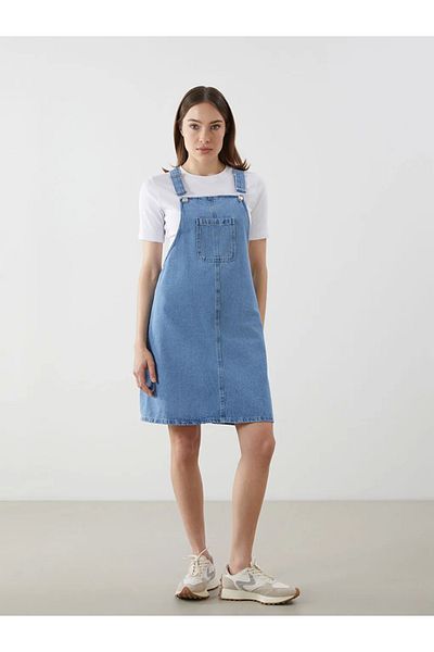 LC Waikiki Lcw Comfort Indigo Square Neck Straight Straps Women's Jean Salopet Dress