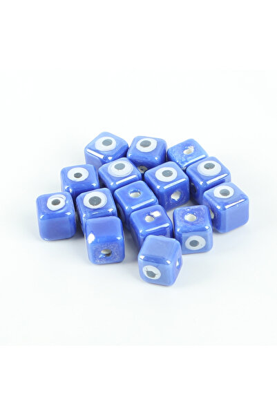 yfhobi 1 Adet - 10 mm Küp Nazar Desenli Porselen Boncuk, Mavi Renk Porselen T...