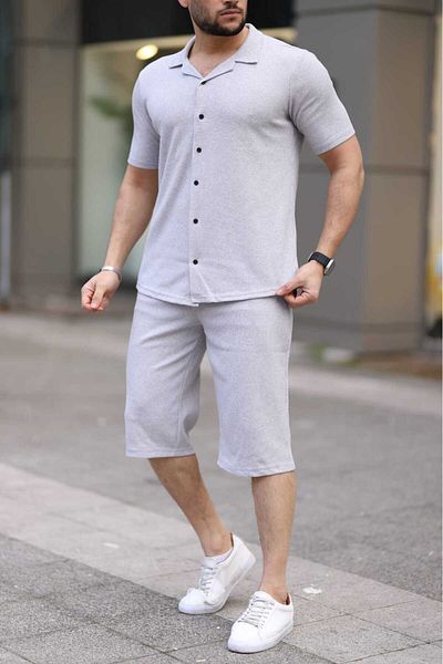 Trendseninle Men's Stone Gray Waffle Fabric Capri Shorts Shirt Set