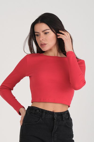 PUNKY CAT Women's Red Long Sleeve Ribbed Blouse Crop Knitted T-Shirt