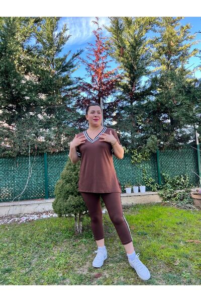 MJORA طماق بلوزة مخططة برقبة على شكل حرف V مقاس كبير