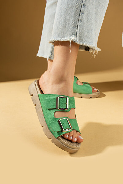 Pembe Potin Green Suede Women's Orthopedic Sole Slippers Double Banded Buckle Daily Comfortable Slippers