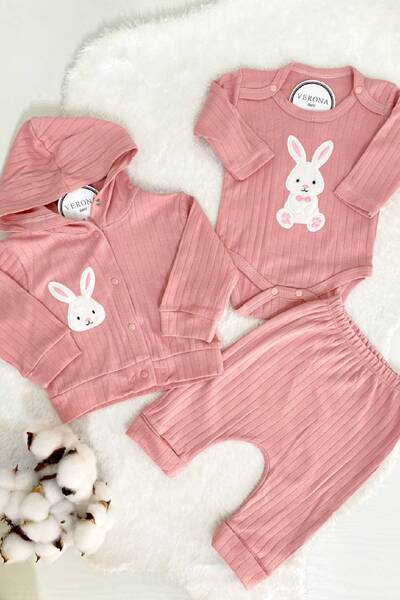 VERONA TARZ Baby Girl Boy 3-Piece Cardigan Hooded Set Rabbit Embroidered Newborn Outfit Cotton
