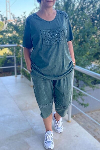 Mia Butik Large Size Khaki Leaf Patterned Bermuda Suit