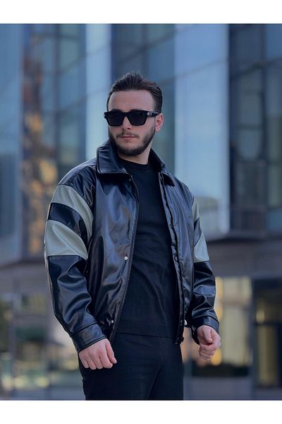 KINGAF Men's Leather Sleeve Garnish Jacket