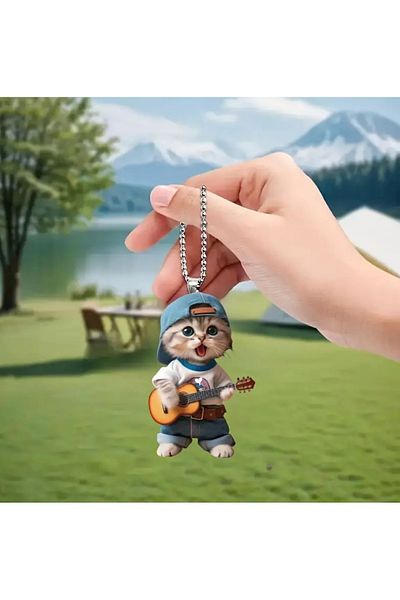 Animalovers Cat Playing the Guitar Design Keyring Rearview Mirror Ornament Bag Ornament Acrylic
