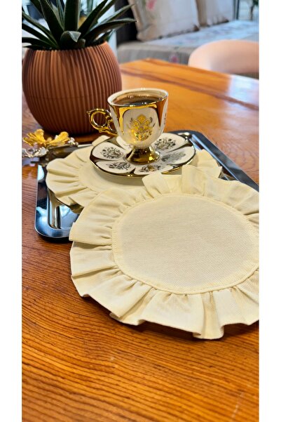 Konyaaltı Çeyizevi Keten Krem Renk Kahve Yanı Kokteyl Peçetesi Bardak Altlığı 2'li Takım