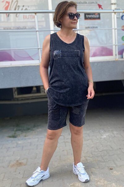 Mia Butik Large Size Black Silver Shorts Suit