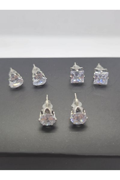 Set Stainless Steel Shiny Stone (3 Pairs) Earring Set (Heart - Round - Square)
