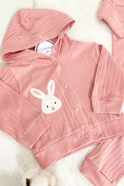 VERONA TARZ Baby Girl Boy 3-Piece Cardigan Hooded Set Rabbit Embroidered Newborn Outfit Cotton