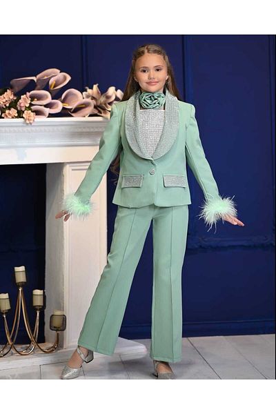 By Feyza Kids Collection Girl Kid Design Stylish Suit-Stone Embroidered Blouse, Feather Jacket, Trousers and Neck Rose Detailed Ful Set