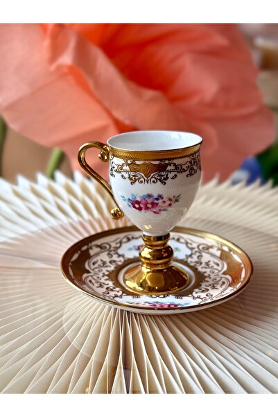 ACAR 6lı çiçekli ayaklı gold yaldızlı porselen türk kahve fincan seti takımı