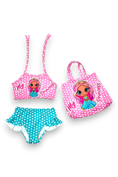 Lolliboomkids Kız Çocuk Prenses Bebek Baskı Desen Plaj Çantalı Bikini Takımı 3 Parça