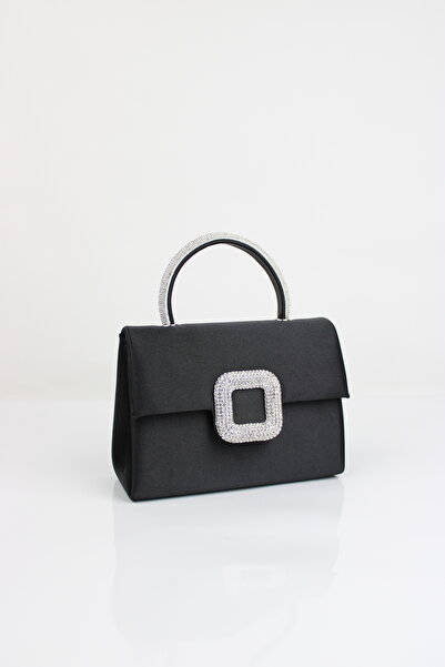 mossi Women's Black Satin Evening Dress Bag - Evening Dress Bag with Crystal Stone Buckle