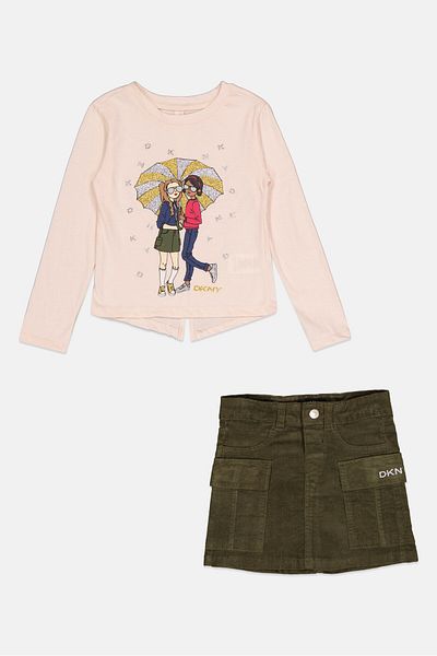 Dkny Toddlers Girl 2 Piece Graphic Print Top And Skirts Set, Peach