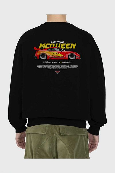 Ankhises Hanorac oversize negru cu imprimeu pe spate Lightning mqueen Bărbați, femei, cu gât crew