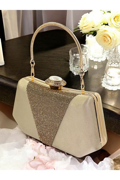 Biçanta Nude Color Satin Rosegold Stone Βραδινό Τσάντα Βραδινή Τσάντα Αρραβώνα Τσάντα Γάμου