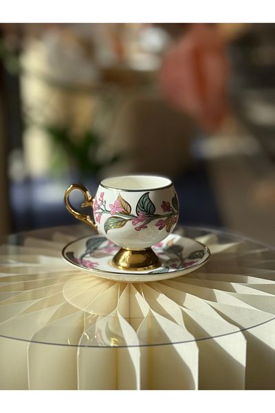 ACAR Set of 6 Pink Flower Gilded Chubby Porcelain Turkish Coffee Cup