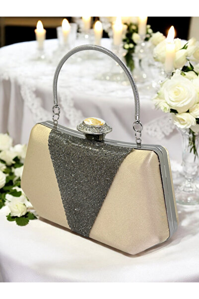 Biçanta Culoare Nud Satin Platinum Stone Geanta Rochie De Seara Geanta De Sea...