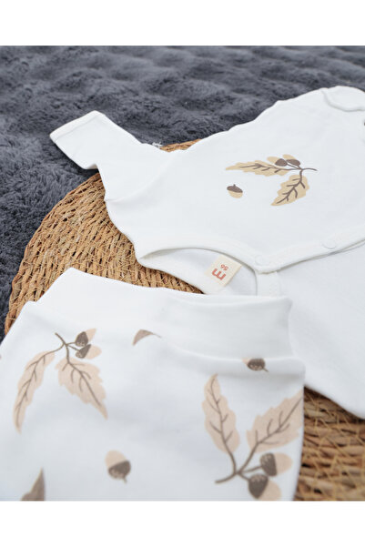 miracool Leaf Patterned Snap Fastener Baby Jumpsuit / 100% Cotton / Hat Newborn Jumpsuit