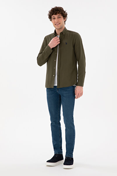 U.S. Polo Assn. Ανδρικό μακρυμάνικο πουκάμισο χακί Basic 50296777 -VR027