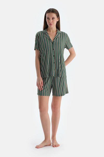 Dagi Dark Green Striped Combed Cotton Modal Shirt Shorts Pajama Set