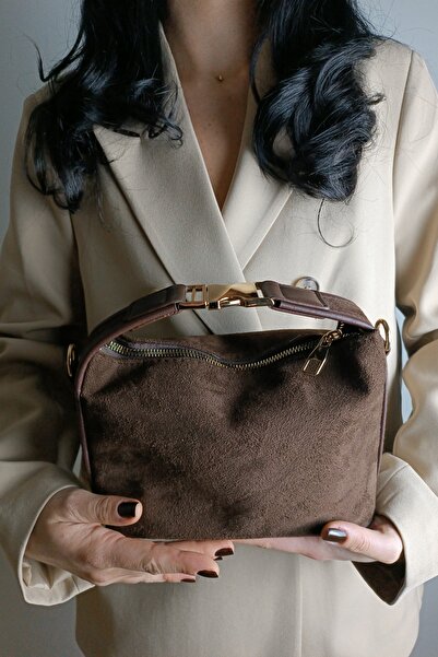 Glemix Toile Kahve Nubuk Süet Kilit Saplı Kadın El Kol Ve Omuz Çantası