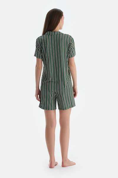 Dagi Dark Green Striped Combed Cotton Modal Shirt Shorts Pajama Set