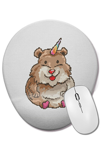 BASKI DÜNYASI Mouse Pad oval cu suport pentru încheietura mâinii, cu artă pixelistică de unicorn hamster