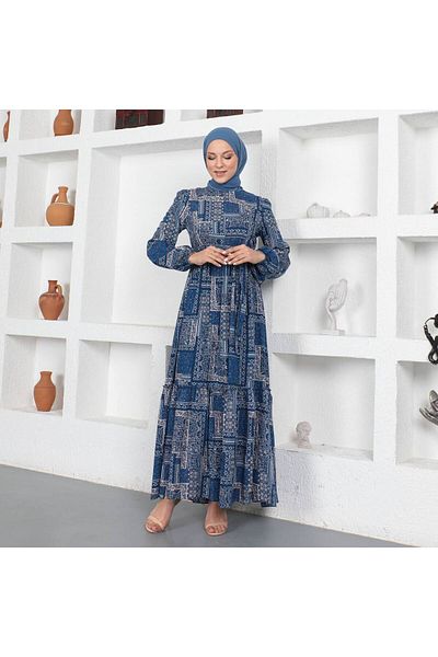 Ebrar Store Indigo Patterned Viscose Hijab Summer Dress - PA9346