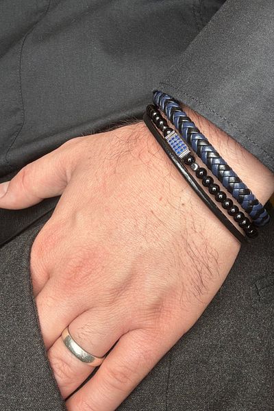 Leo'Stone Premium Series Steel Square Zircon Stone Detailed Navy Blue Combination 3-Piece Look Genuine Leather Men's Bracelet