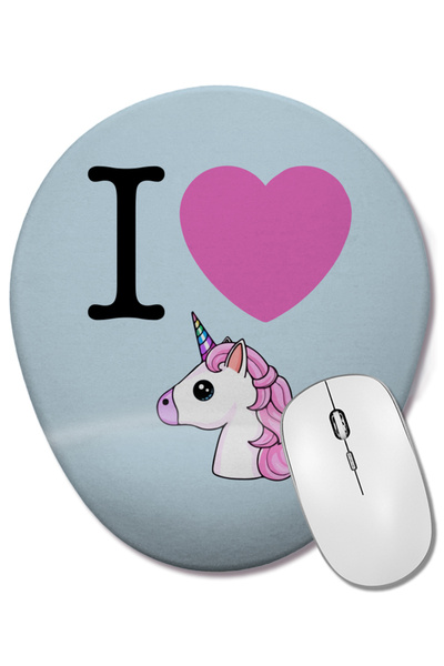 BASKI DÜNYASI I Heart Unicorns Emoji Mouse Pad Oval cu Suport pentru Încheiet...