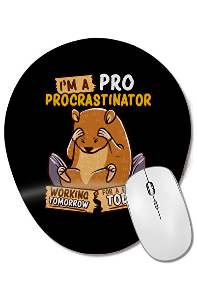 BASKI DÜNYASI Mousepad oval cu suport pentru încheietura mâinii, drăguț și amuzant, cu fraza „I'm a Pro Procrastinator Hamster Pun”.