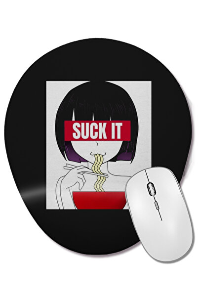 BASKI DÜNYASI Mouse Pad oval cu suport pentru încheietura mâinii, cu tema Kawaii Anime Girl Japanese Ramen Noodles Hentai