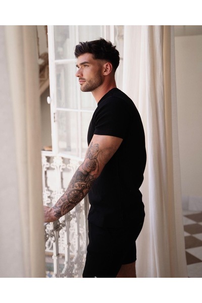 LACKH Чоловіча мода Чорна пряма футболка, зручна для літа, швидко сохне, з короткими рукавами, еластична тканина