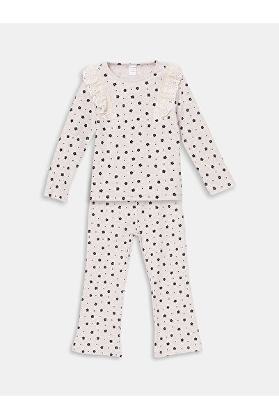 LC Waikiki Lcw Kids Beige Crew Neck Floral Girls Blouse and Leggings Pants 2Pcs