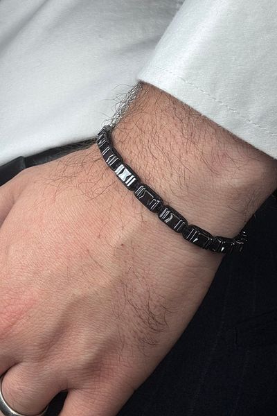 Leo'Stone Premium Series Rectangular Asymmetrical Pattern Hematite Stone Elevator Drawstring Adjustable Men's Bracelet