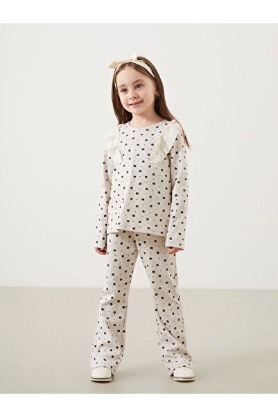 LC Waikiki Lcw Kids Beige Crew Neck Floral Girls Blouse and Leggings Pants 2Pcs