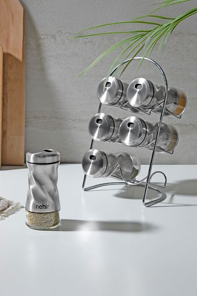 Nehir 6 Piece Stainless Steel Spice Rack Set with Twisted Stand