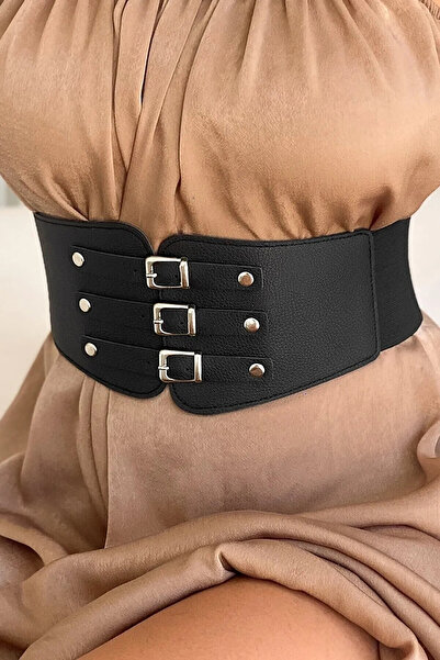 Md1 Collection Corset cu detalii elastice flexibile din talie pentru femei, din piele artificială, curea lată neagră 1017