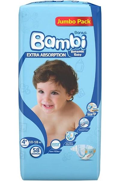 Sanita Bambi , Size 4+, Large+, 10-18 kg, Jumbo Pack, 58 Diapers