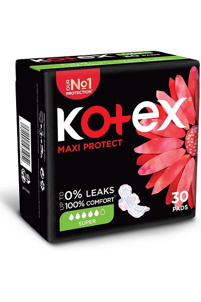 Kotex فوط صحية سميكة ماكسي بروتيكت من كوتكس، فوط صحية كبيرة الحجم بأجنحة، 30 فوطة صحية