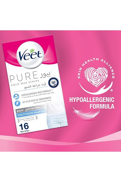 Veet شرائح شمع نقية باردة لمنطقة البكيني، تركيبة مضادة للحساسية للبشرة الحساسة، تدوم حتى 28 يومًا