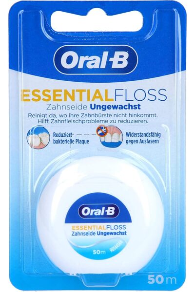 Oral-B خيط تنظيف الأسنان أورال بي إسينشال، خيط تنظيف أسنان غير مشمع مقاوم للتمزق، 50 متر، 1 قطعة