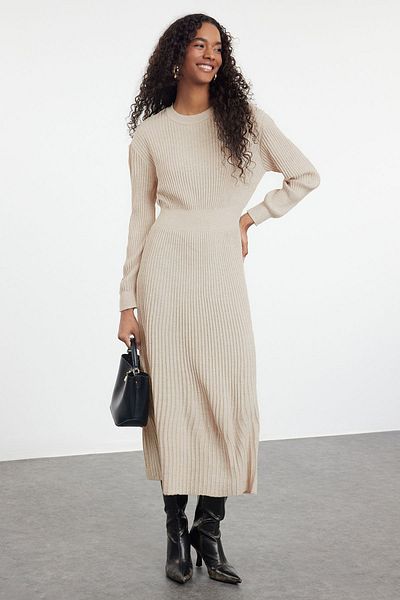 Trendyol Modest Πλεκτό Φόρεμα Πέτρινο Πλισέ TCTAW25EB00053